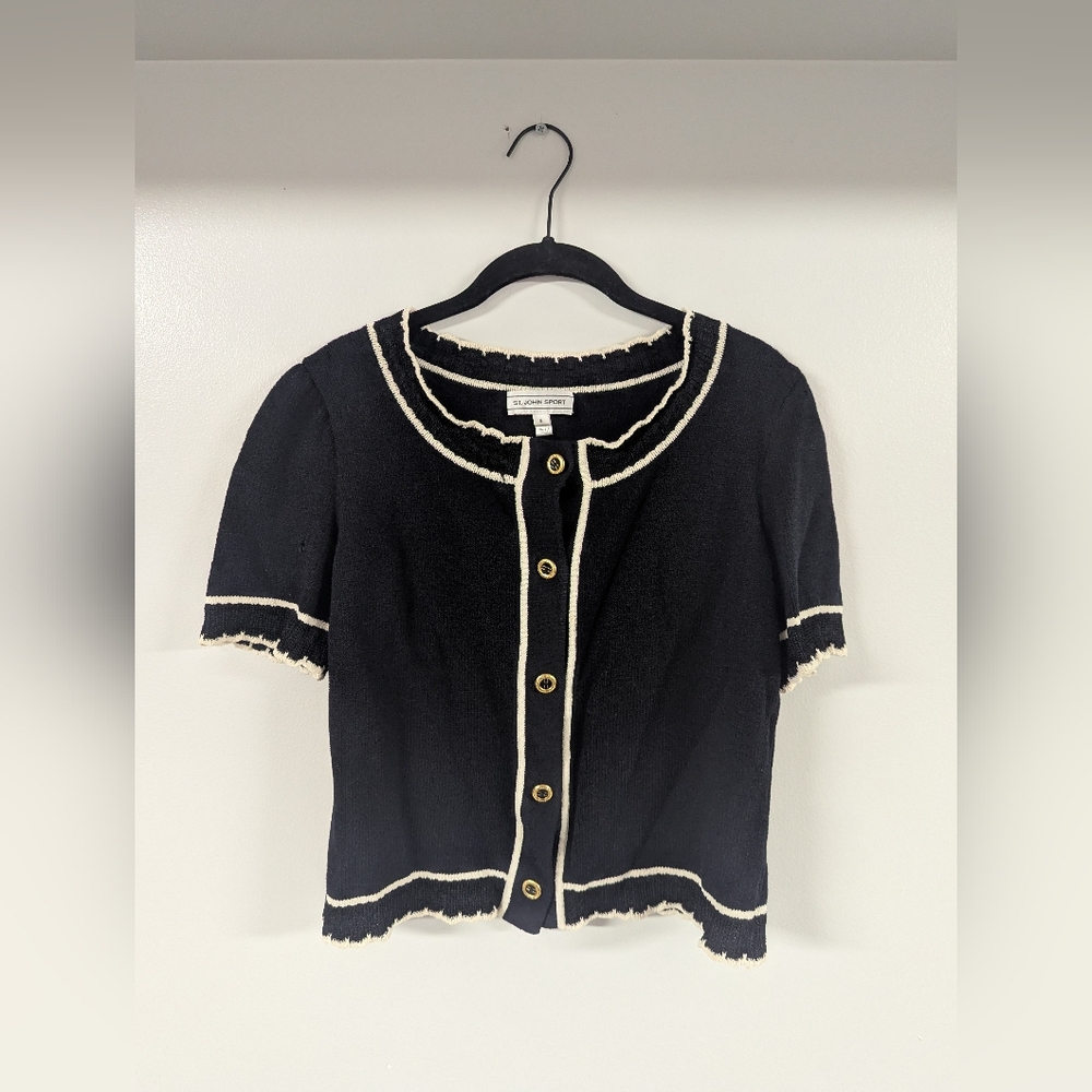 Vintage St John Sport Blue Short Sleeve‎ Cardigan with White Trim